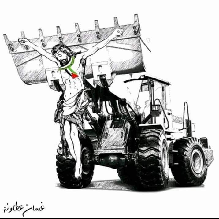 كاريكاتير يصور قتل الشاب محمد الناعم بجرافة الاحتلال شرق خانيونس