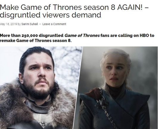  Game of Thrones .. ربع مليون مشاهد يطالبون باعادة انتاج الجزء الأخير من صراع العروش