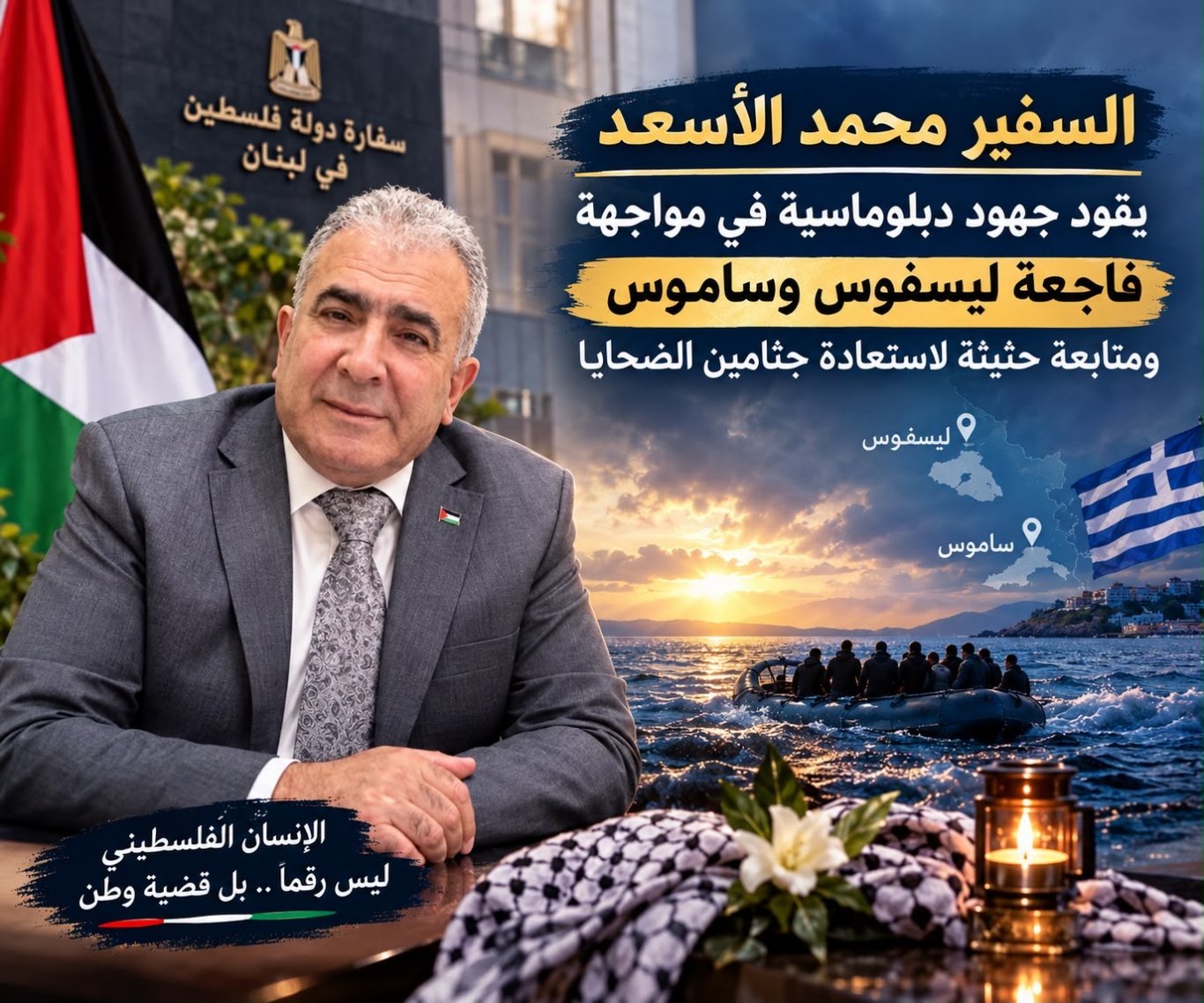 السفير محمد الأسعد يقود جهود المتابعة الدبلوماسية لفاجعة ليسفوس وساموس واستعادة جثامين الضحايا