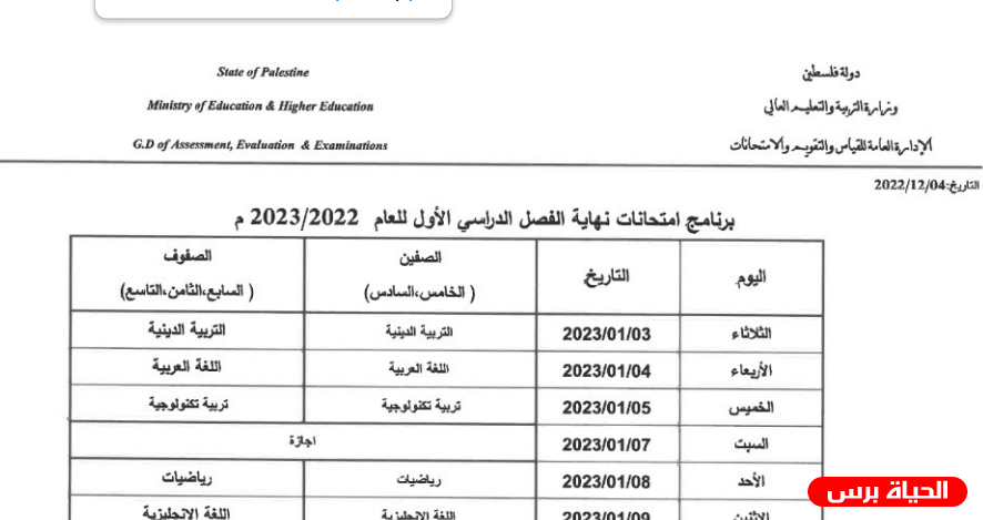 فلسطين: جدول امتحانات نهاية الفصل الدراسي الأول للعام 2022-2023